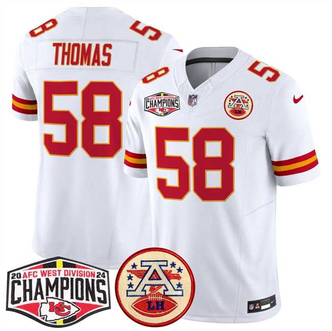 Mens Kansas City Chiefs #58 Derrick Thomas White F.U.S.E. 2024 AFC West Division Champions Vapor Limited Stitched Jersey